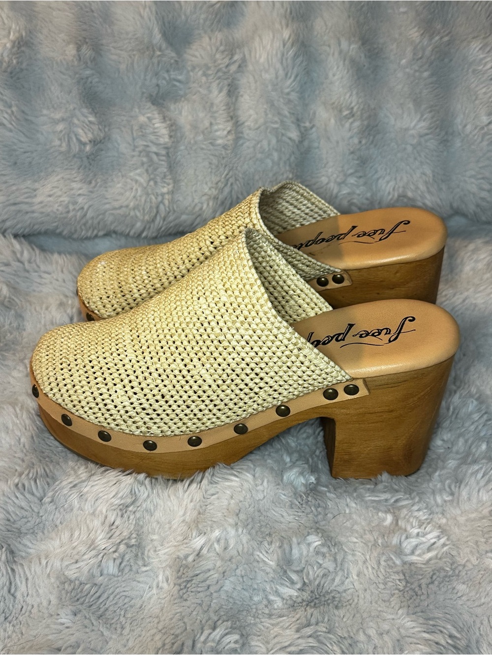 Free People Cream Woven Platform Clogs